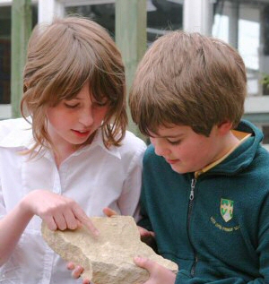 School children examining rock